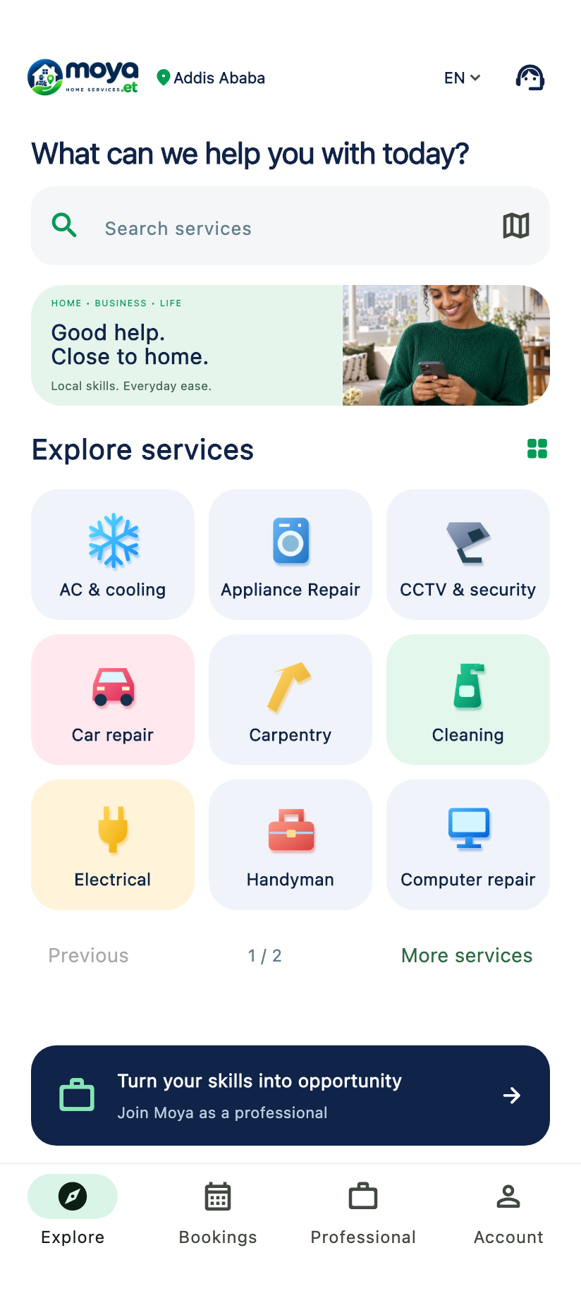 Moya on Android: service search, service categories and professional registration