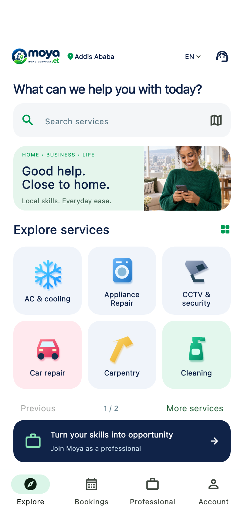 Moya on iPhone: service search, service categories and professional registration